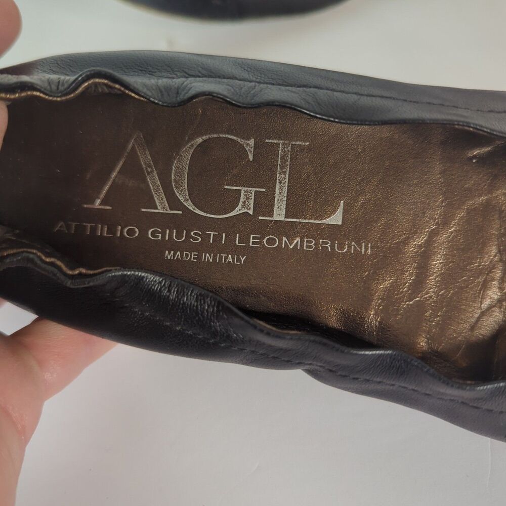AGL Black Leather Ballet Flat Cap Toe Women Size 37.5 US 7 Bow Elastic Italy - Picture 9 of 10